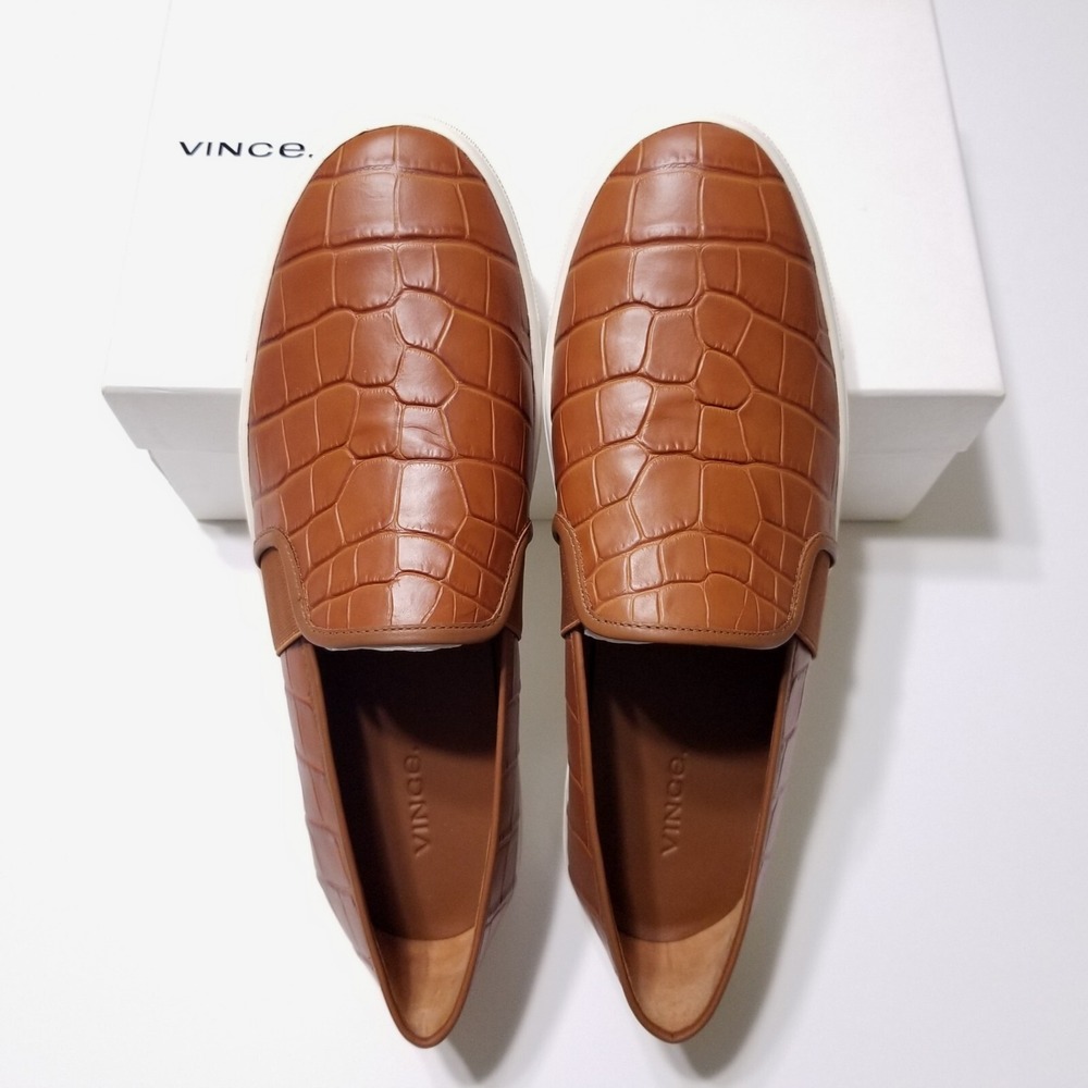 NIB Vince Blair Croc Embossed Leather Slip On Sneakers Chestnut Brown 10 $250